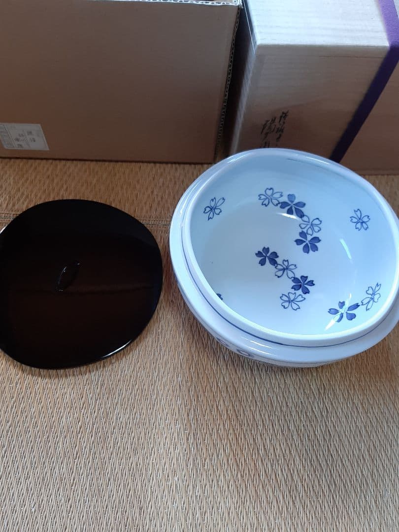 茶道具　染付　桜川　櫻川　水指　共箱　膳所焼　五角　水差　水入れ　岩崎新定