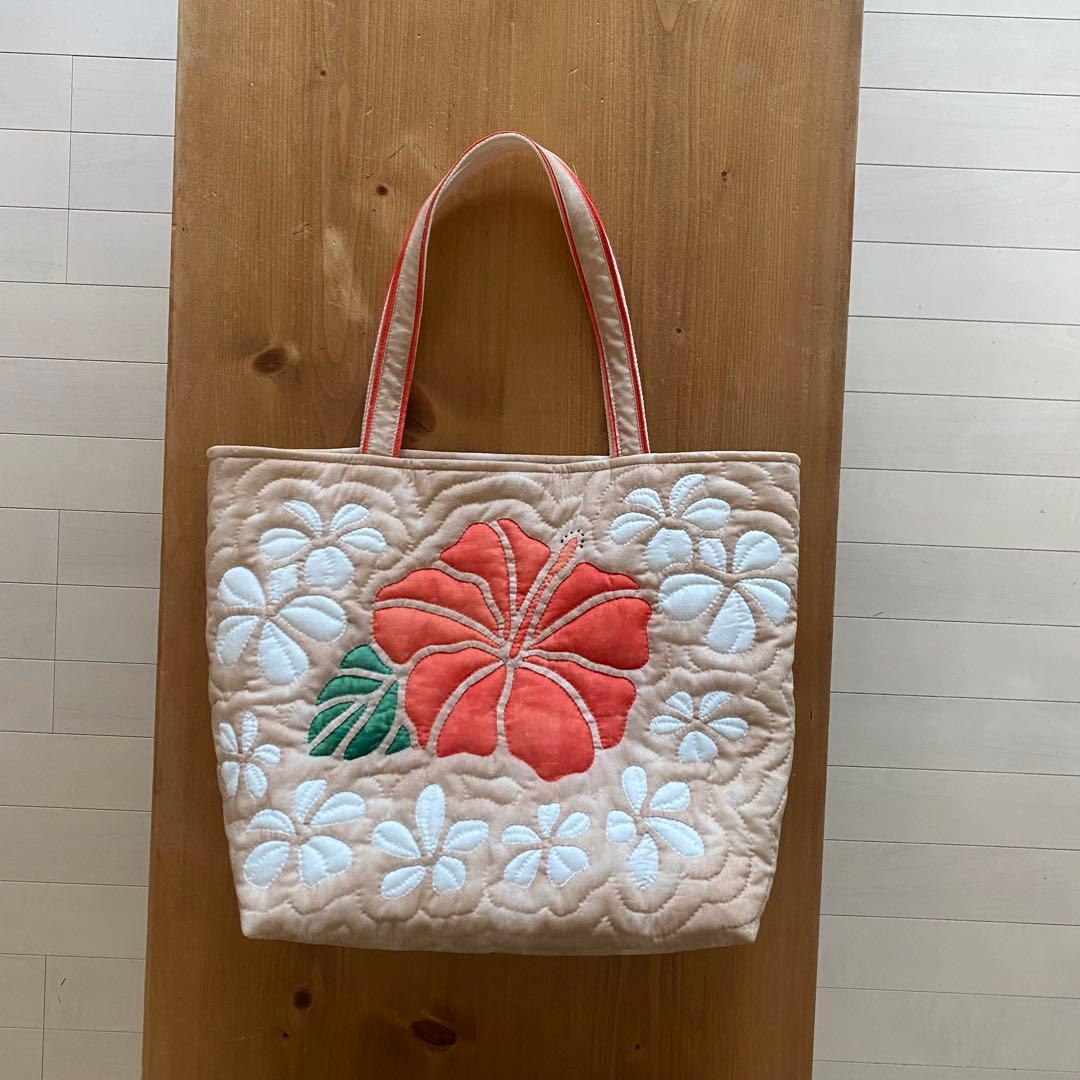 ハワイアンキルト◆トートバッグ◆ハイビスカス&プルメリア◆ハンドメイド