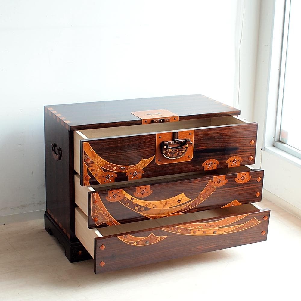 木象嵌 唐木無垢材 3段チェスト 鍵無 寄木 ZR24121