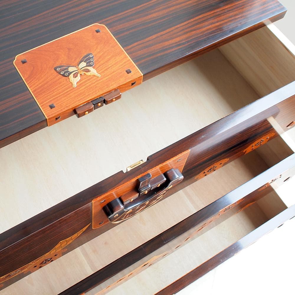 木象嵌 唐木無垢材 3段チェスト 鍵無 寄木 ZR24121