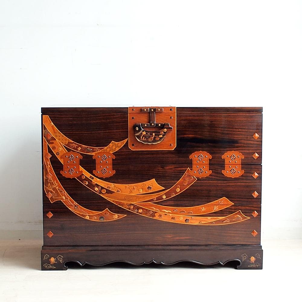 木象嵌 唐木無垢材 3段チェスト 鍵無 寄木 ZR24121