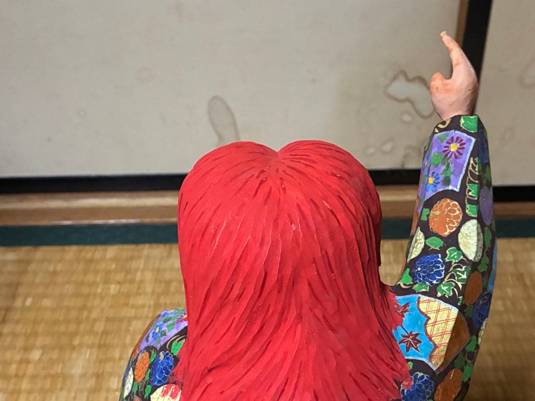 木製 木彫り 彫刻 【池田 秀鳳】伝統的 歌舞伎 赤い髪 人形 在印 共箱