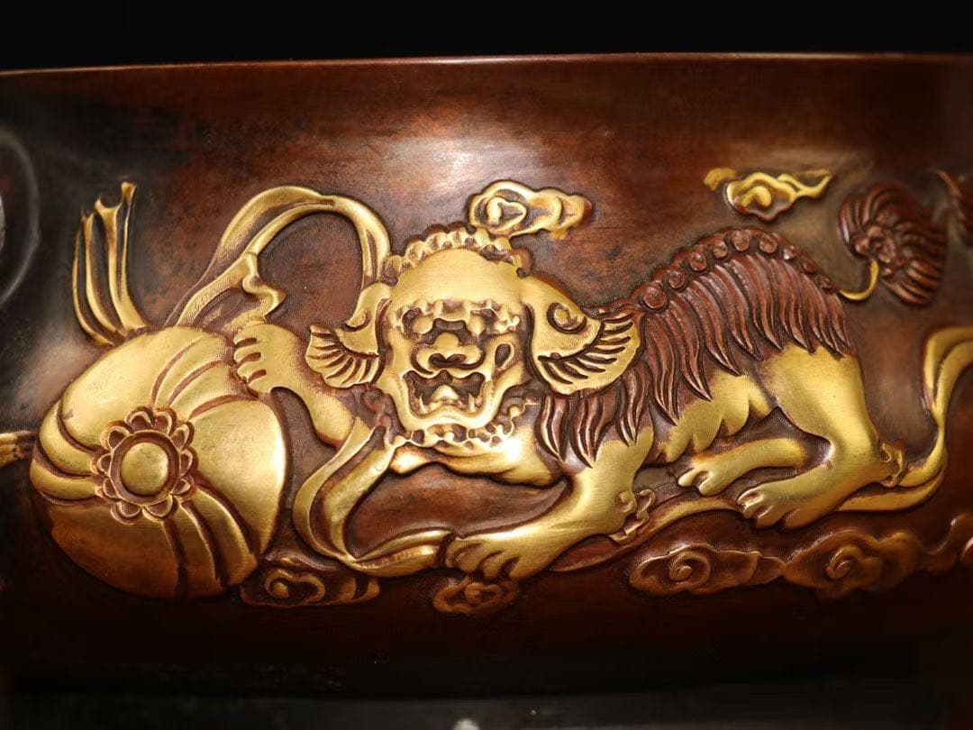 旧家珍蔵 大明宣徳紫銅純銅製塗真金 財獅子香炉 供養 文化財　時代物　開運厄除け