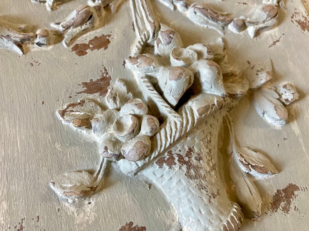 フランス アンティーク 花かご リボン 木製プレート家具装飾 フレンチグレー