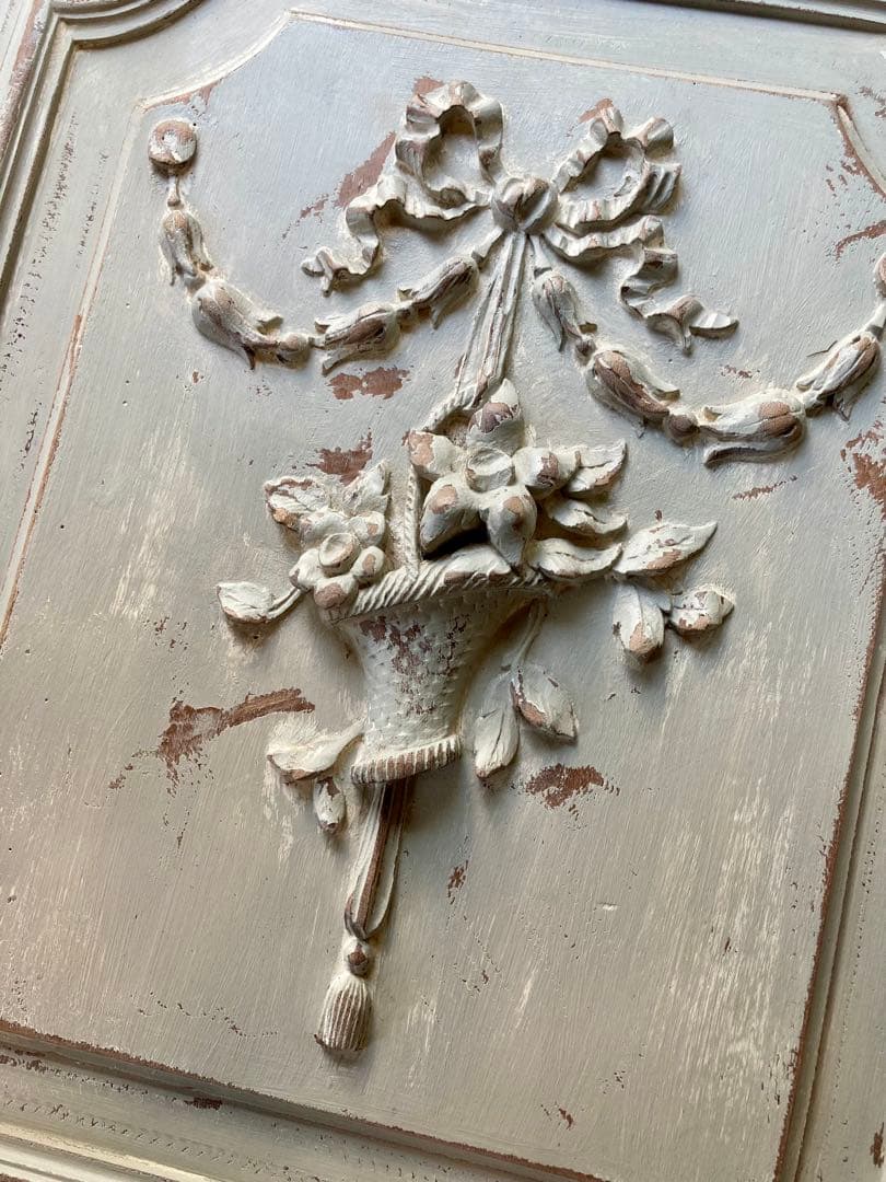 フランス アンティーク 花かご リボン 木製プレート家具装飾 フレンチグレー