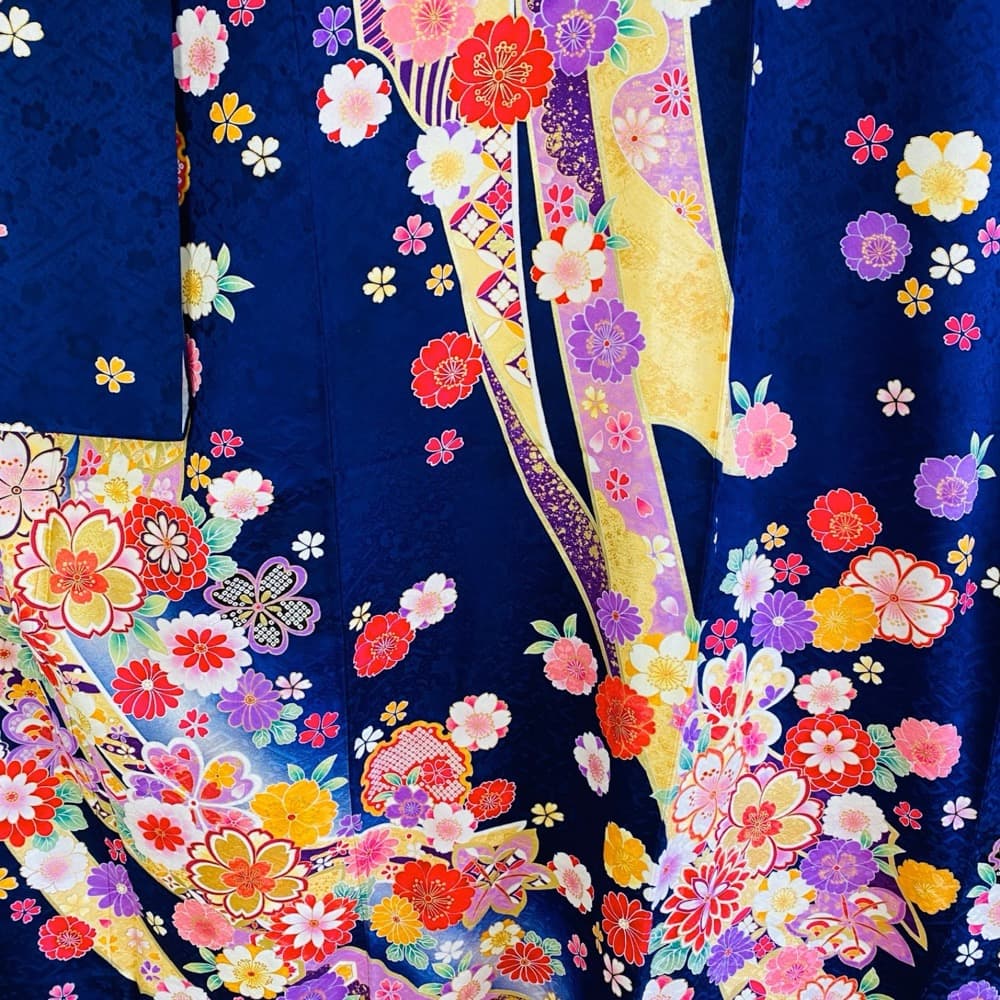 振袖 正絹 紺 熨斗目 桜 豪華金彩 暈し L 身丈169 裄68 成人式