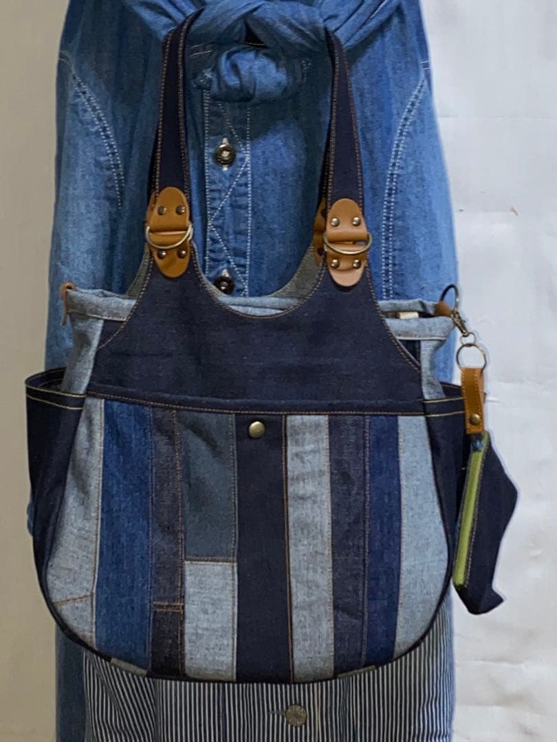 一点物☆パッチワーク☆岡山デニム4way♪あおりバッグ☆ポーチ付き