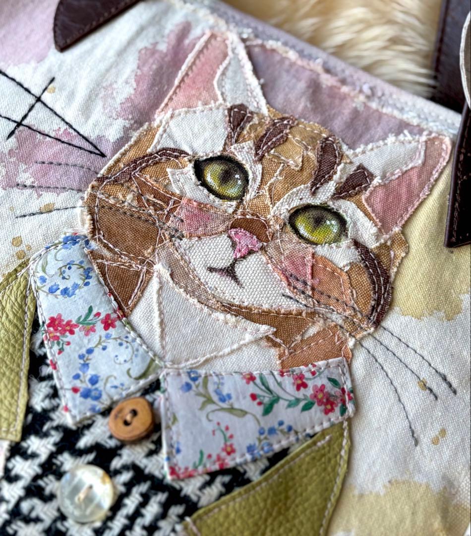 (手づくり)\"エンジェル茶トラ\"ねこのトートバッグ刺繍切り絵帆布ネコ