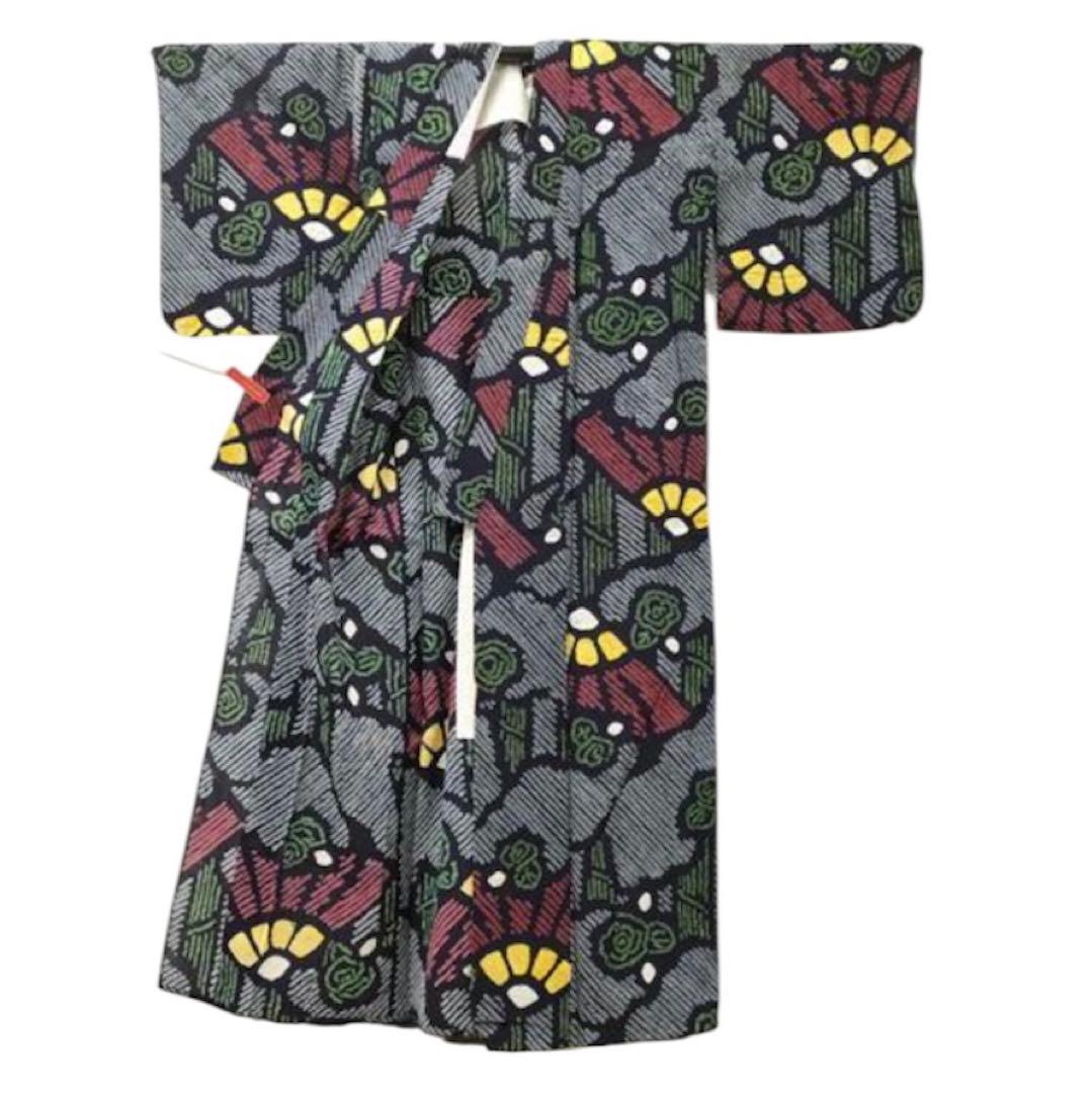 C1 希少✨レア✨高級 有松鳴海総絞り 扇子柄　総柄　レトロ浴衣 濃紺　藍色