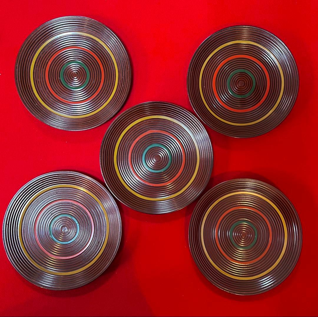 茶道具 古道具 菓子器 菓子盆 丸盆 独楽盆 五枚 箱付き 漆器