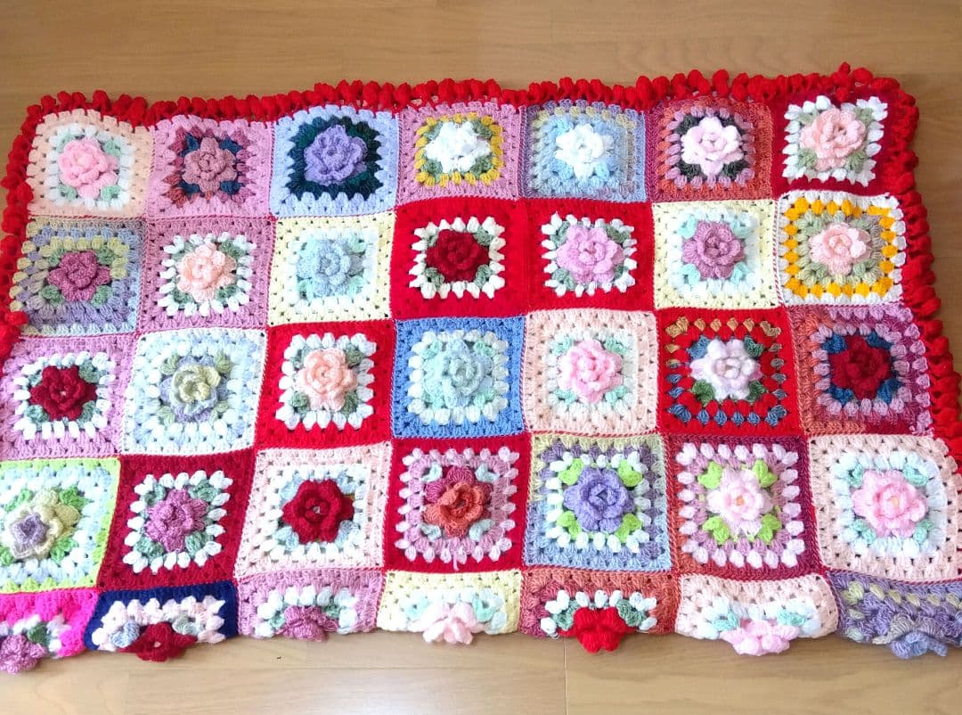 ブランケット ベットカバーカラフルなお花のグラニースクエア