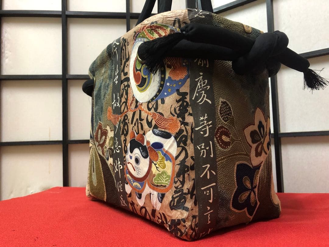 一閑張り　一閑張りバック　 正絹大正縮緬　犬張子　狛犬