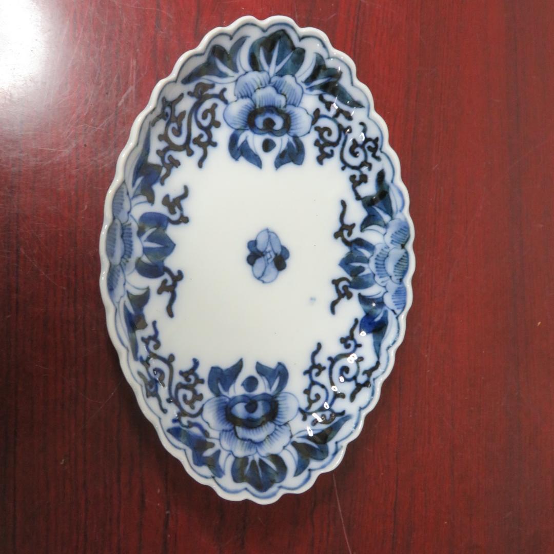 変形皿 楕円 染付 5枚 銘 花唐草 花弁縁 美品 薄造