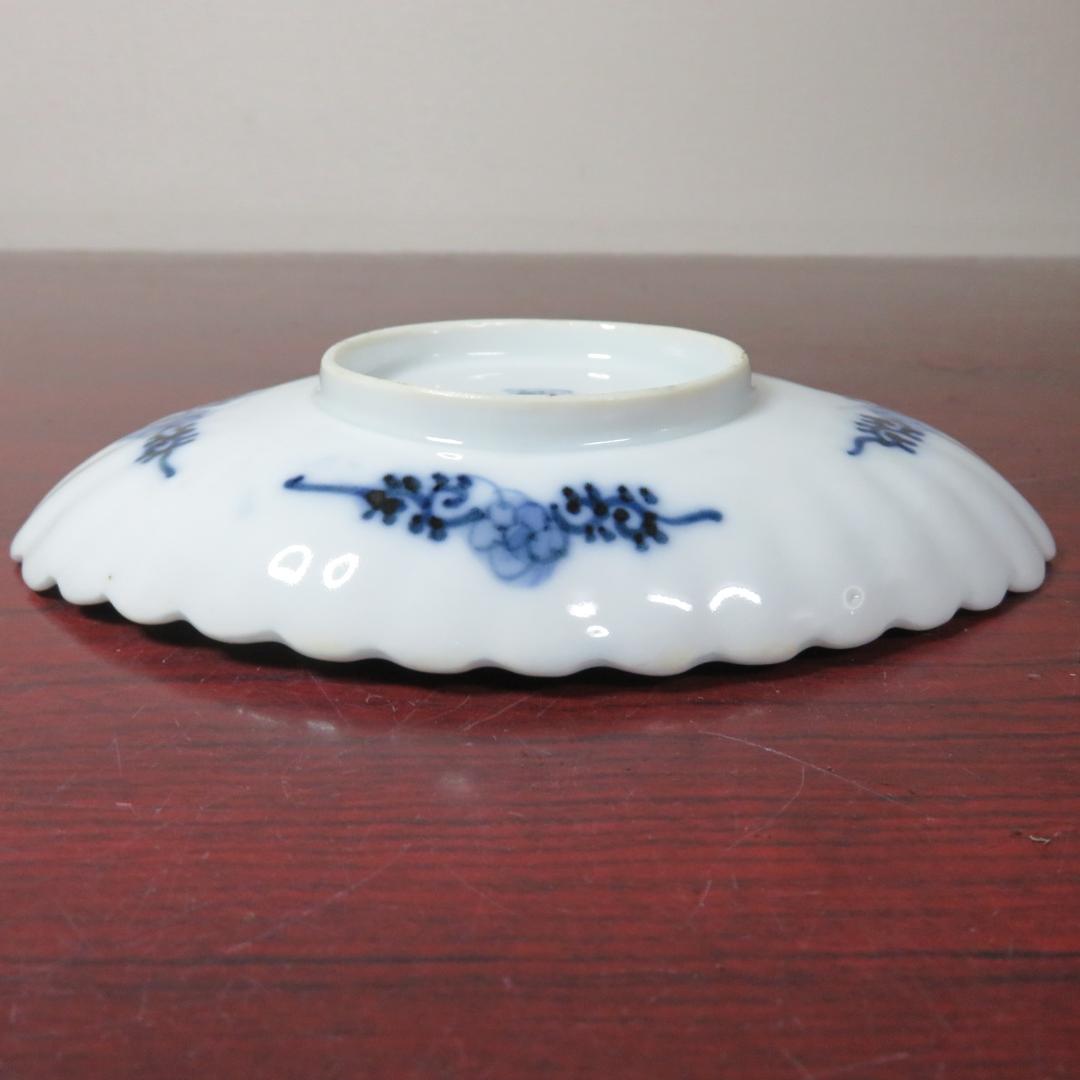 変形皿 楕円 染付 5枚 銘 花唐草 花弁縁 美品 薄造