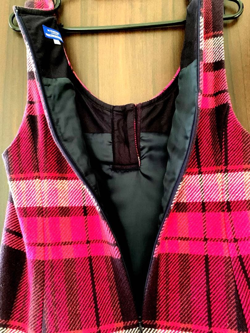 【美品】BURBERRYピンク系ウールチェック ノースリーブミニワンピース 38