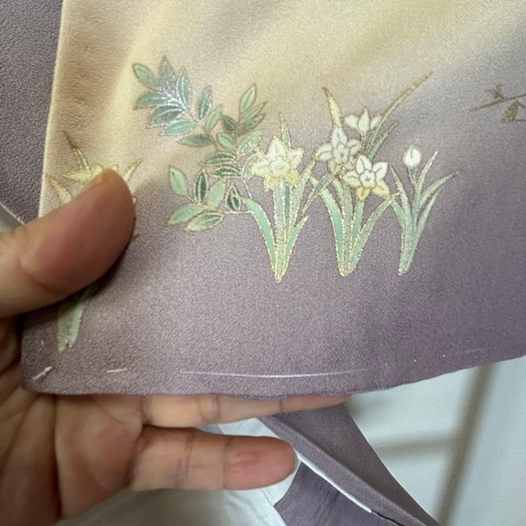 しつけ付　訪問着　広襟　正絹　袷　着物　現代　藤色　紫　薄紫　金彩　158裄64