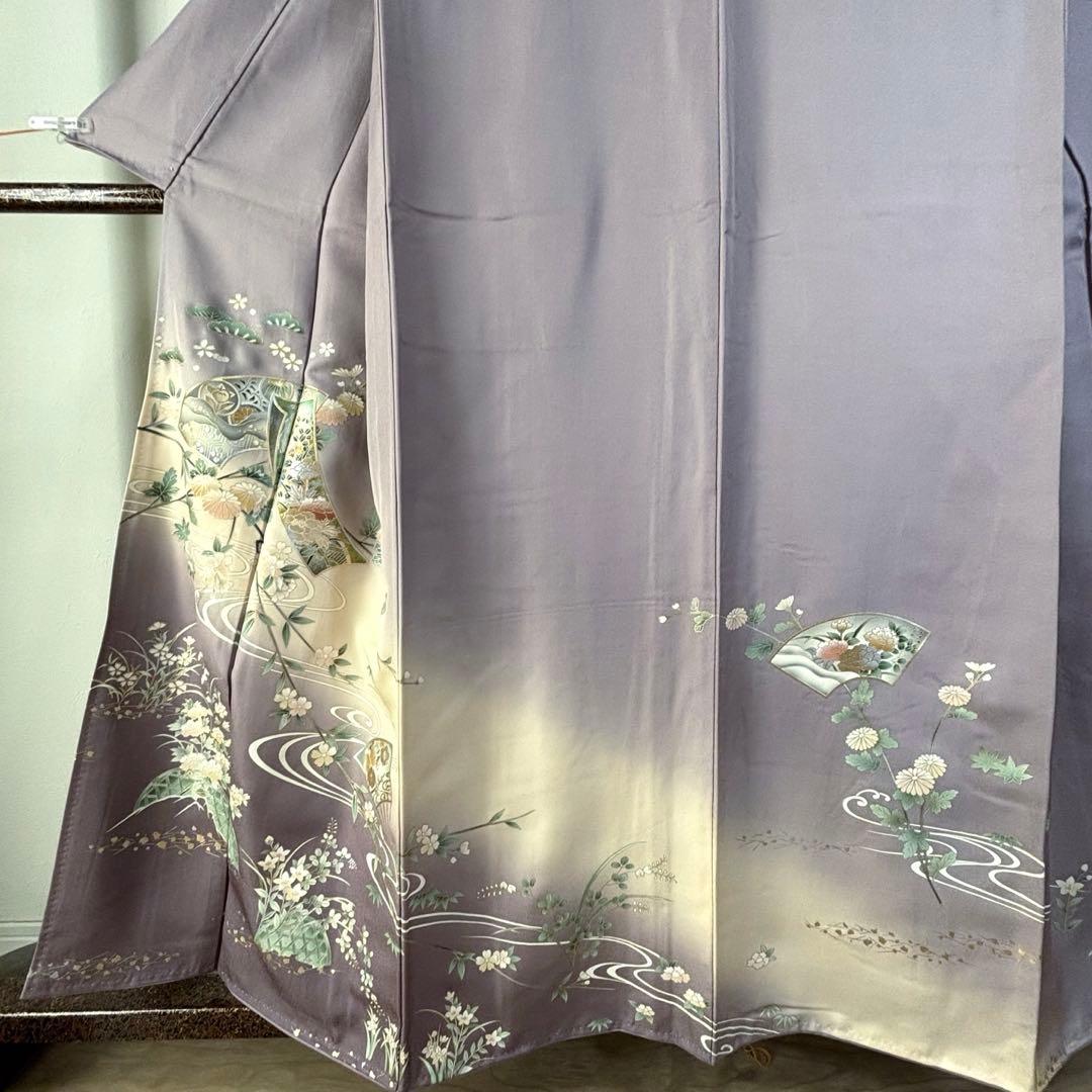 しつけ付　訪問着　広襟　正絹　袷　着物　現代　藤色　紫　薄紫　金彩　158裄64