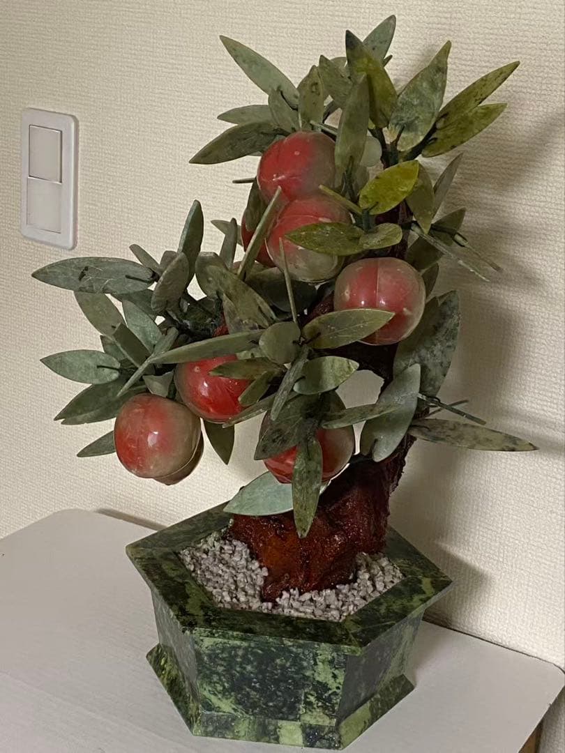 中国美術 玉石翡翠 天然石 桃の木 年代物 盆栽桃樹 玉石 置物