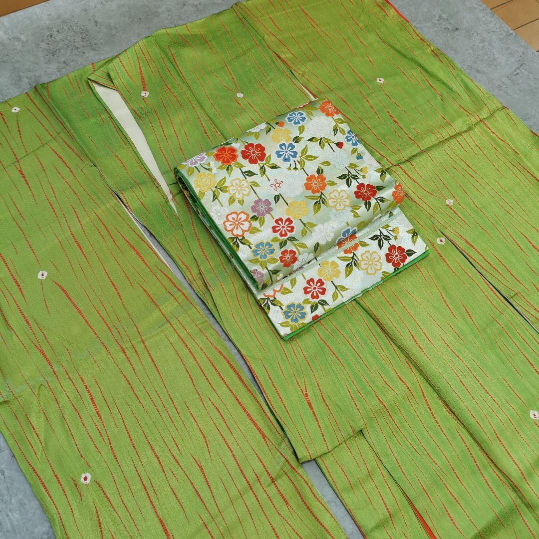 【お花畑】レアなグリーン カラフルお花畑な 贅沢 唐織 袋帯