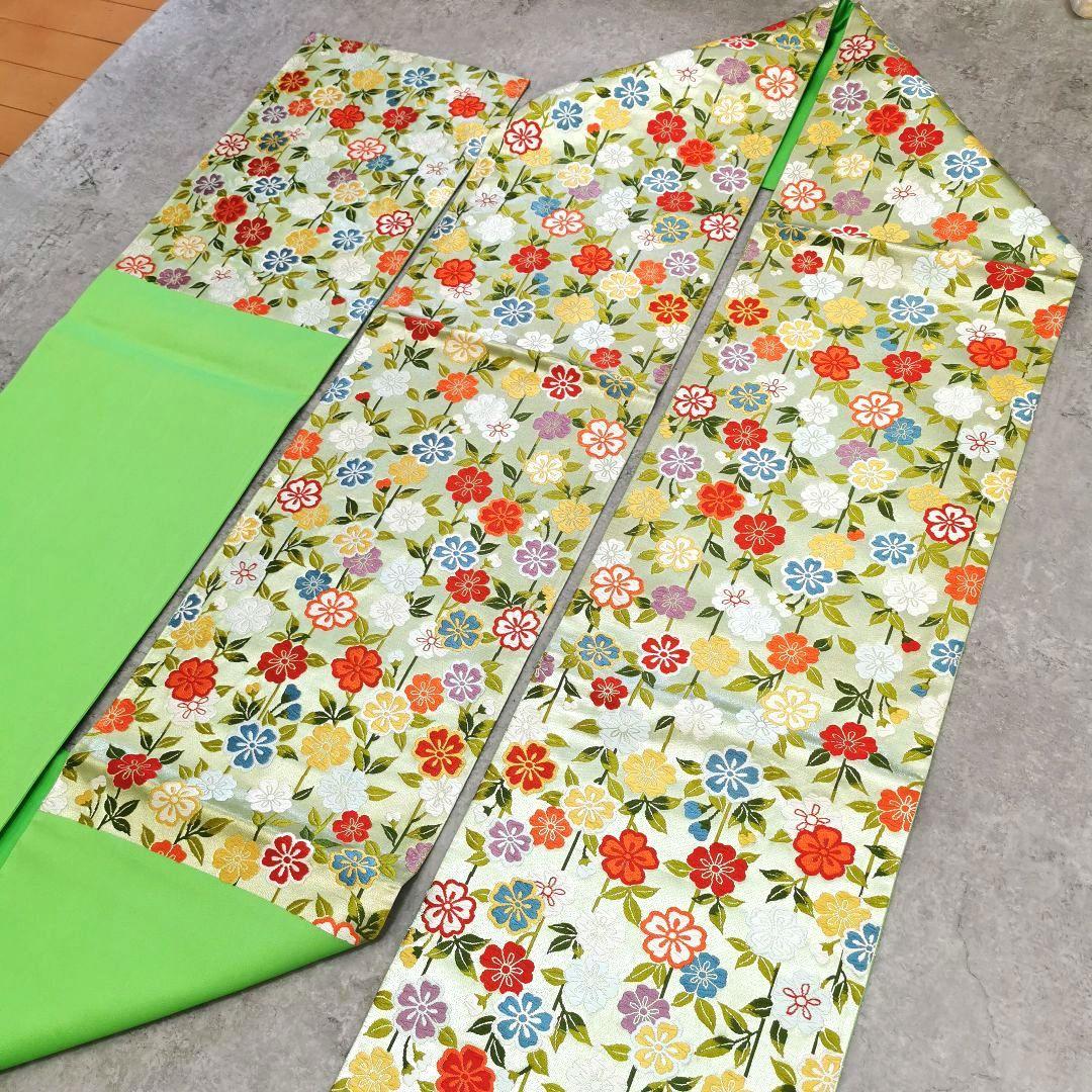 【お花畑】レアなグリーン カラフルお花畑な 贅沢 唐織 袋帯