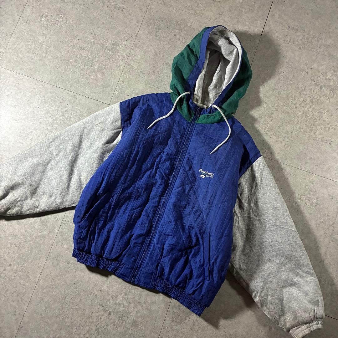 90s reebok中綿キルティングジャケット刺繍ロゴスウェット切替フーディ短丈