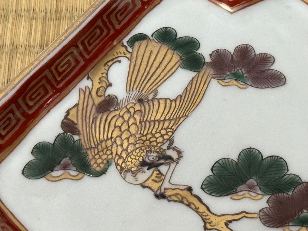 【古伊万里】色絵 「一富士二鷹三茄子」 富士形　変形皿 9客　明治時代