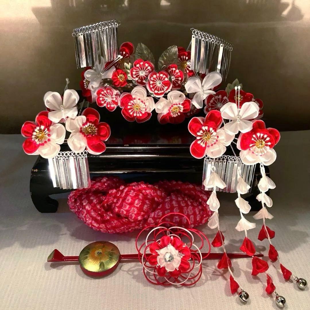 専用　勝山classical beauty 梅花と蝶々　平打ち簪　水引　赤鹿の子