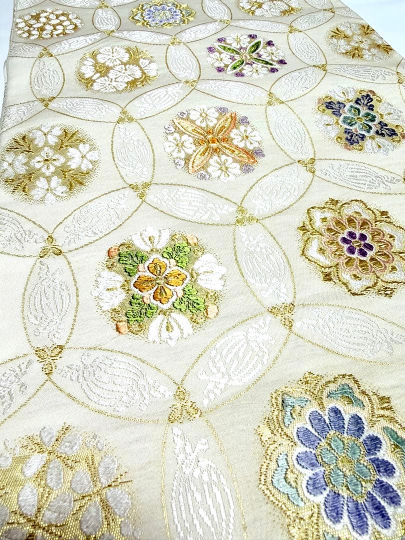 高級 袋帯 正絹 六通柄 七宝柄 ホワイト シルバー 唐織 訪問着