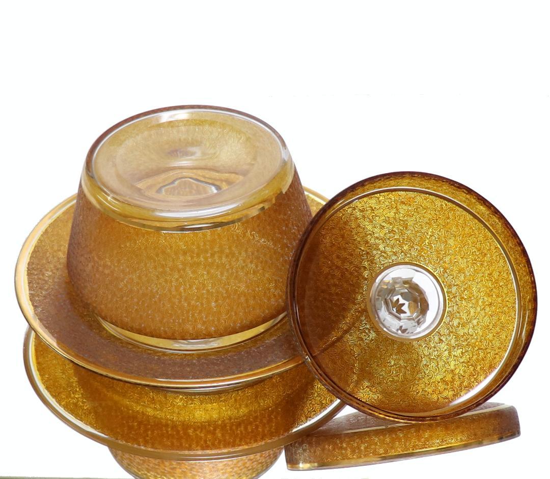 オールド・バカラ 稀品 春海商店 特注琥珀ガラス 金彩 青海波文様 受皿付蓋物