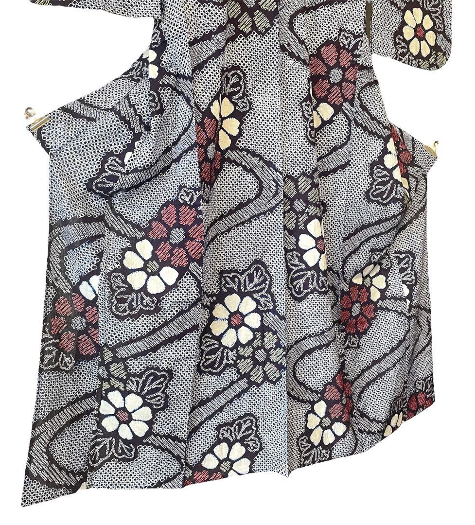 □夏涼浴衣　有松総絞り　花柄　藍色　身丈約160cm