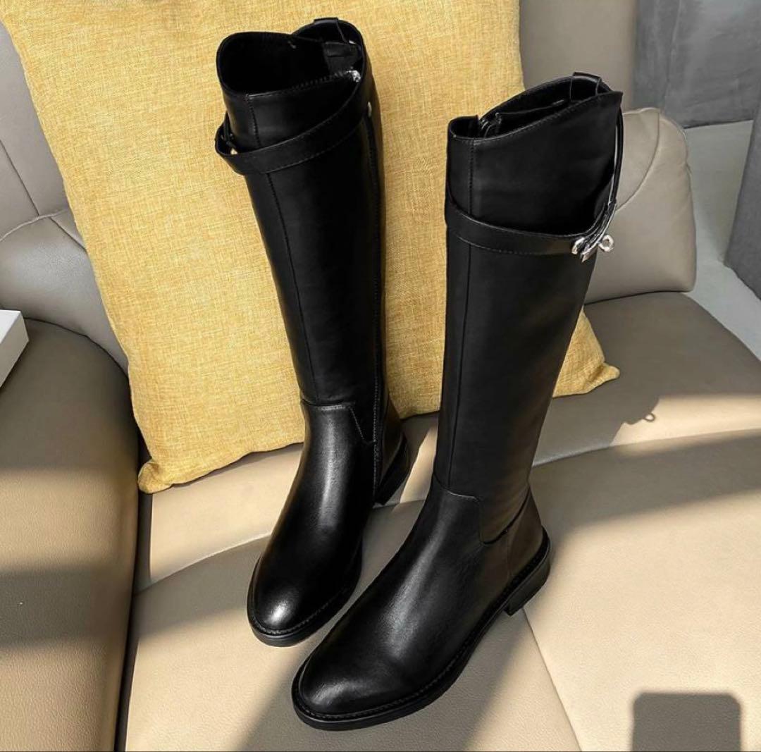 ジョッキーブーツ ジャンピング ケリー金具 ロングブーツ ブラック　24.0