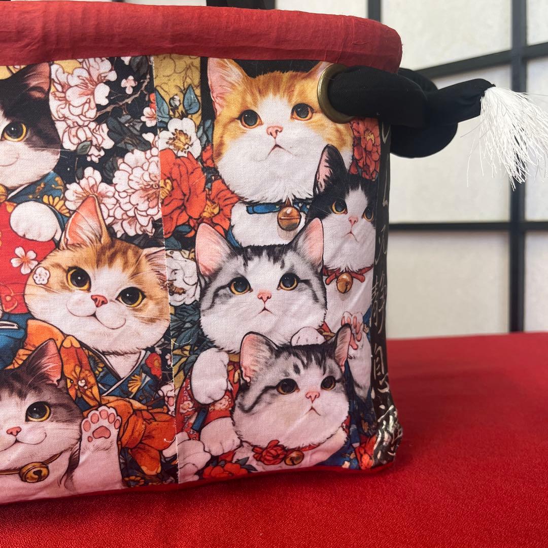 猫がいっぱい！ 一閑張り バッグ かごバッグ ハンドバッグ 和猫 茶トラ 小さめ