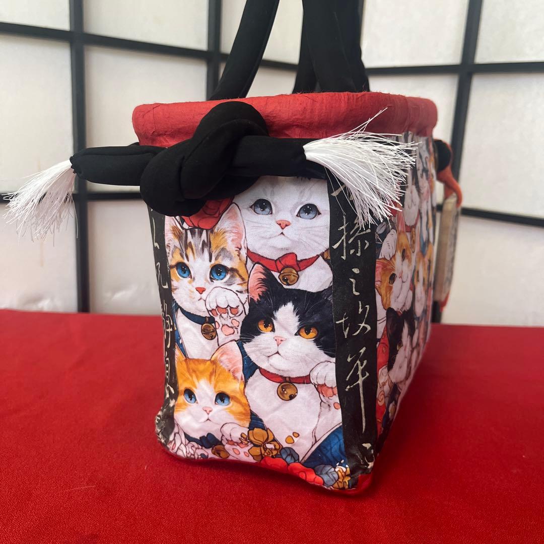 猫がいっぱい！ 一閑張り バッグ かごバッグ ハンドバッグ 和猫 茶トラ 小さめ