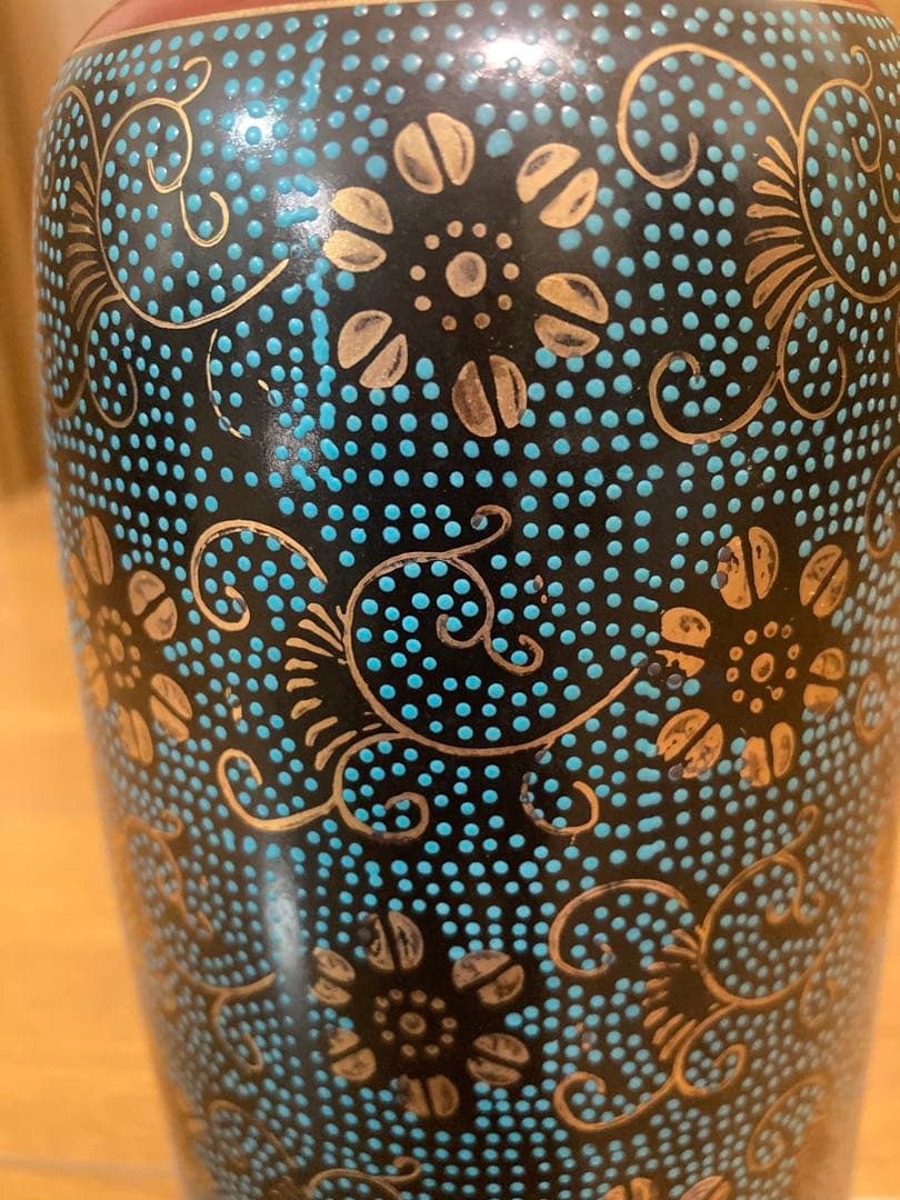 未使用　九谷焼　花瓶　青粒鉄仙　錦峰作