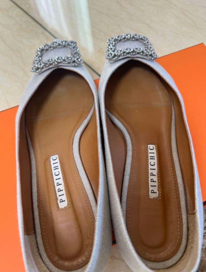 PIPPICHIC グレー ビジュー付きフラットシューズ 38