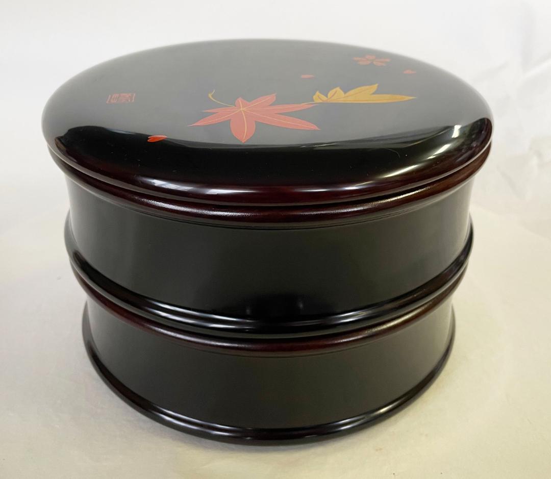 木製 重箱 おせち 漆塗 つづみ型 春秋蒔絵 丸二段重6寸18cm 溜塗内すり漆