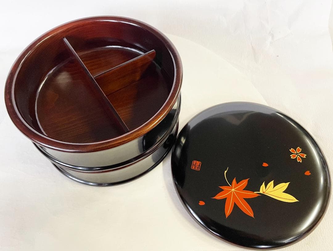 木製 重箱 おせち 漆塗 つづみ型 春秋蒔絵 丸二段重6寸18cm 溜塗内すり漆