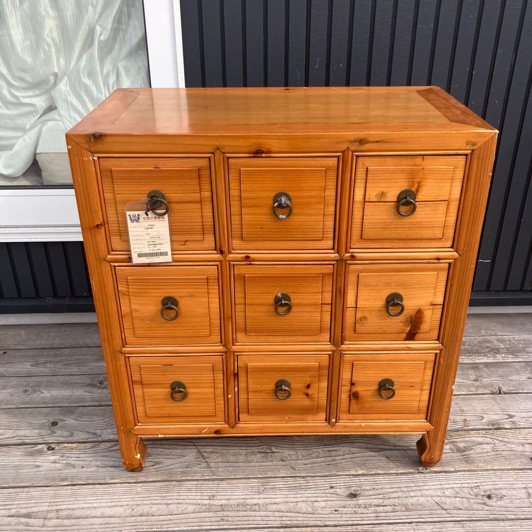 昭和レトロ 中国古典家具 古家具 格子型 木製箪笥 サイドボード 3段9杯