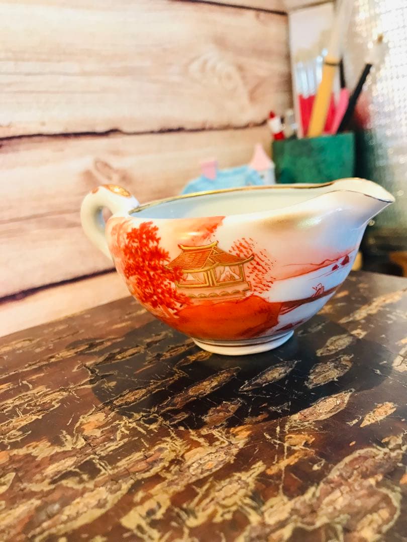 稀少 時代古物 古九谷 赤絵 金彩山水閣楼紋 煎茶器 急須/煎茶碗/湯冷 5点