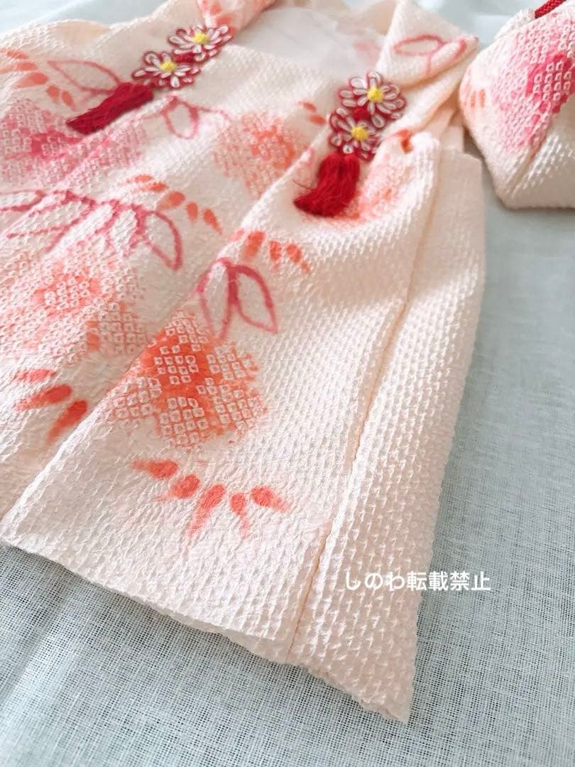 正絹絞りお被布＆巾着セット　花笹模様　薄赤ピンク