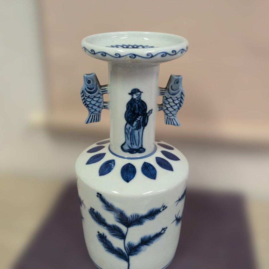 平安 手塚祥堂 作 染付 高砂花入 花器 花瓶 共箱