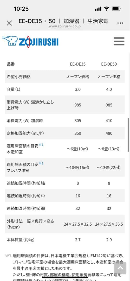 象印　スチーム式加湿器　EE-DE50