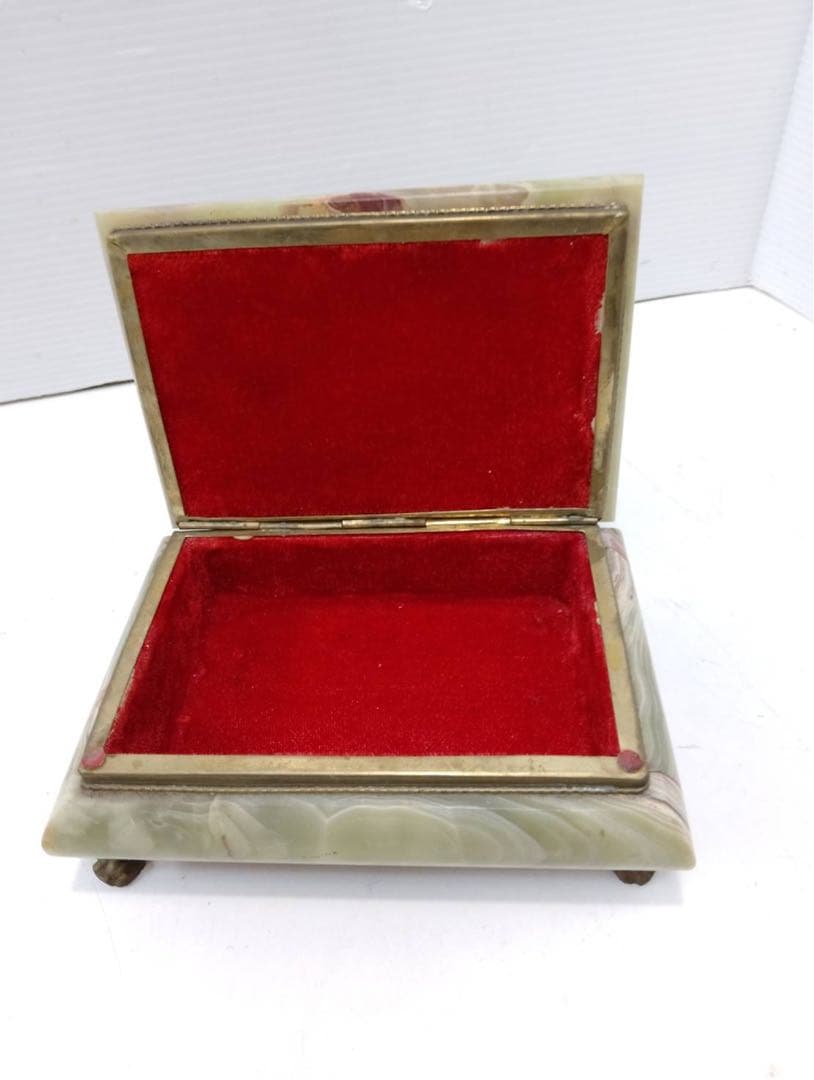 G2244【希少】天然石 グリーンオニキス ジュエリーボックス 獅子足 真鍮