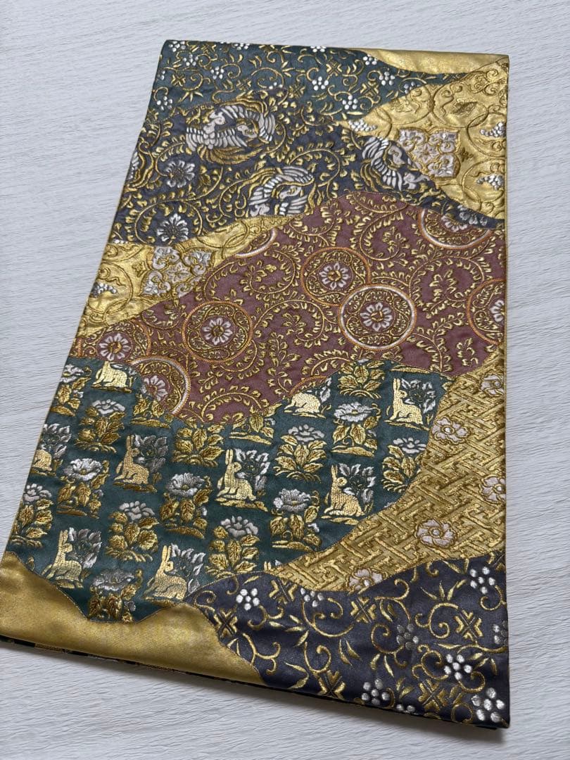 m-92 総刺繍　金駒刺繍　蘇州刺繍 鳥 花兎 金糸 袋帯 正絹