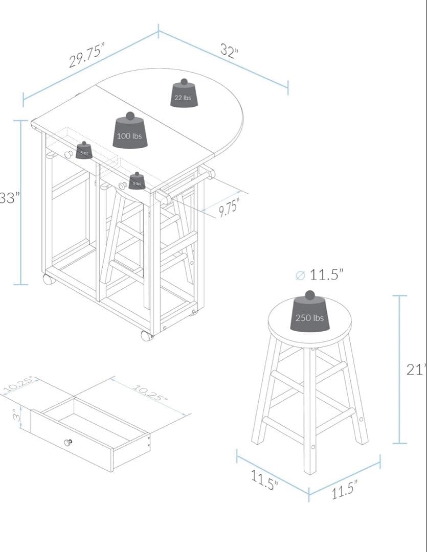 キッチン　カウンターワゴン　テーブル　キャスター 椅子2脚　引き出し　収納付き