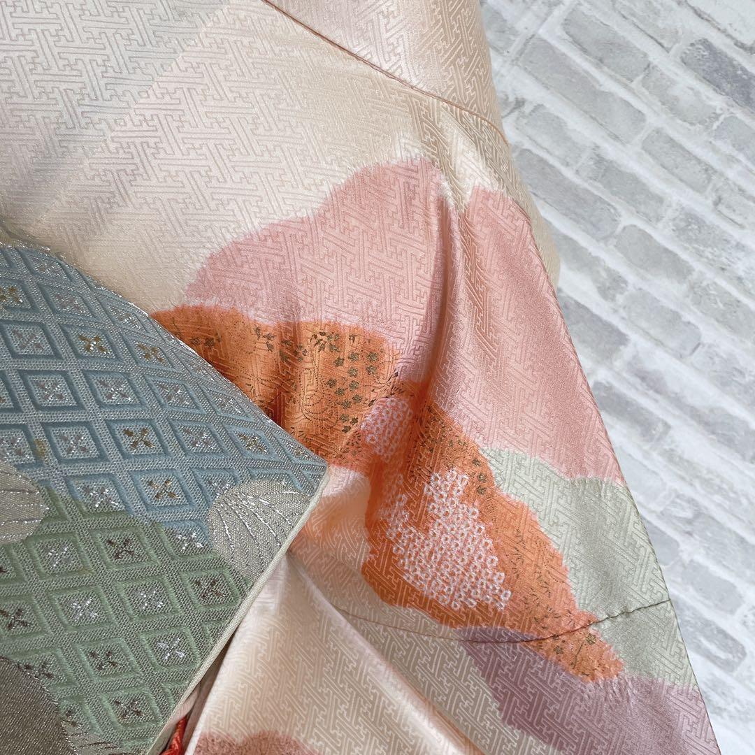 訪問着　フルセット　橘　手刺繍　鹿の子絞り　紗綾形地紋　入学式　卒業式　Q5