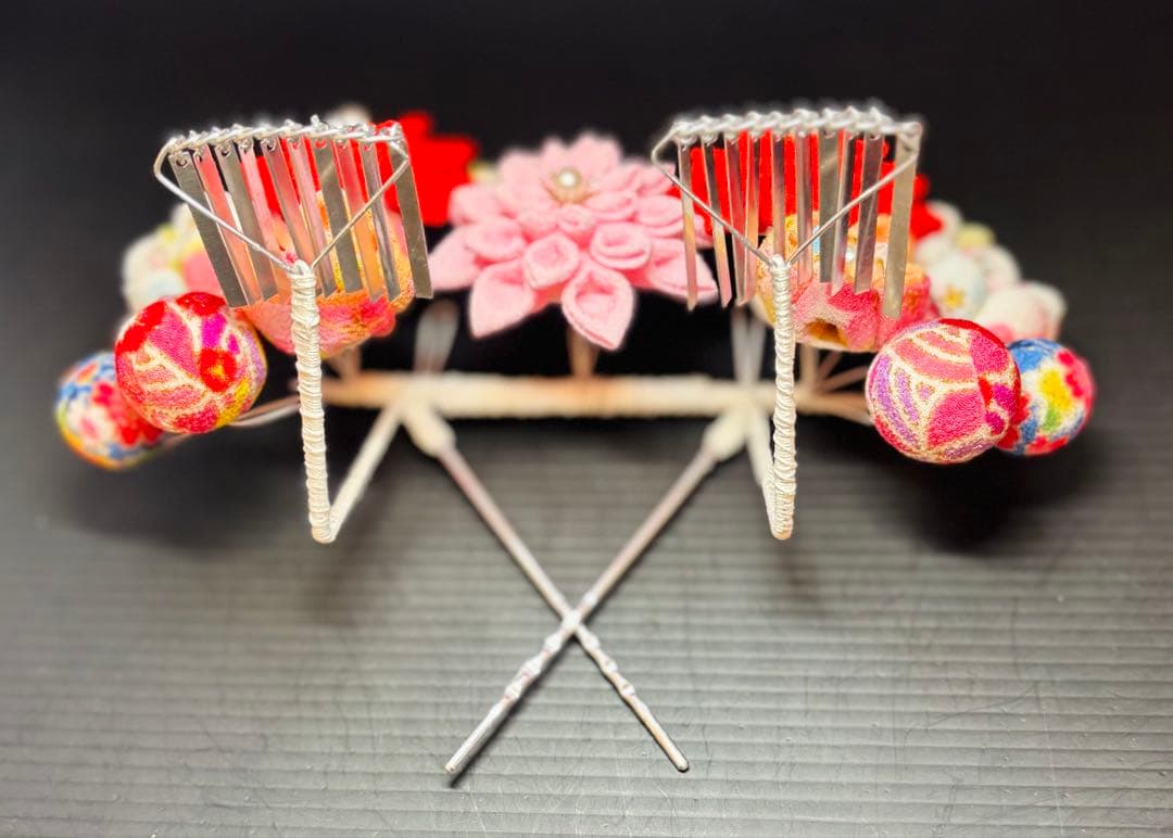 七五三髪飾りセット つまみ細工 パステルカラー 朱色×桜色 7-37