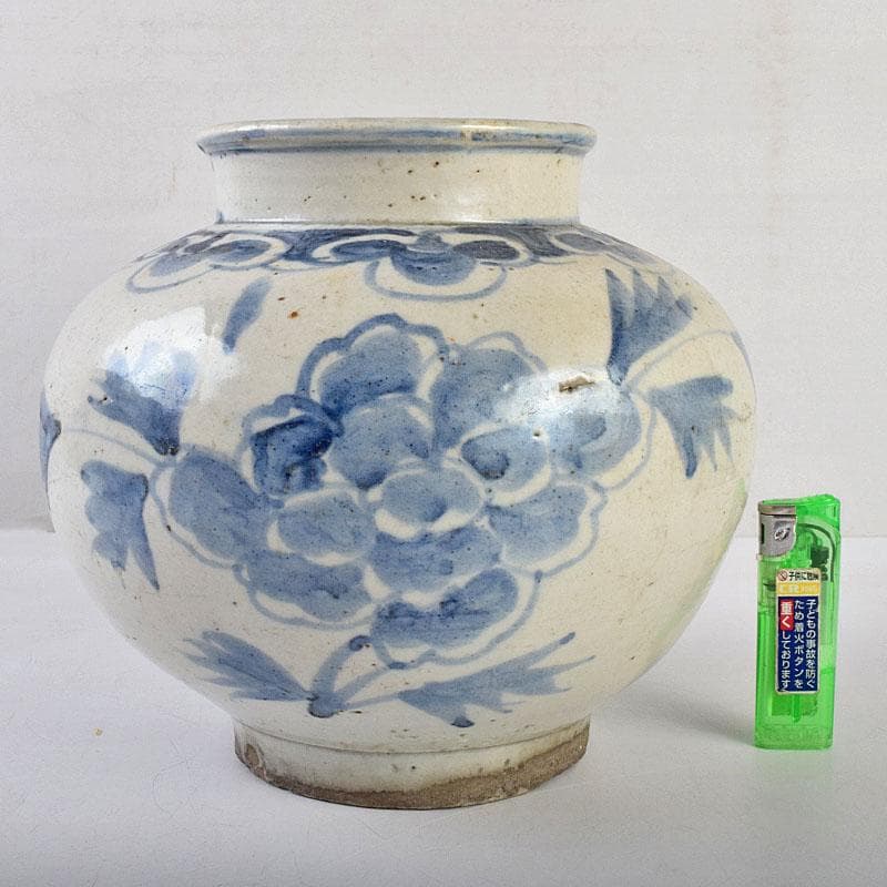 朝鮮美術　李朝　高麗白磁　染付　花文　壷　時代箱付　F　R9160B