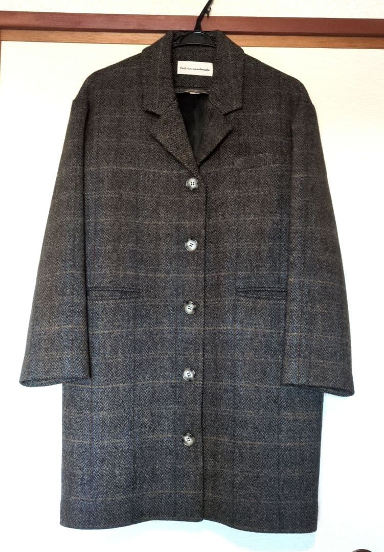美品　半額　ウールコート　レディース　イタリアウール　チェック　ブラウン　ロング