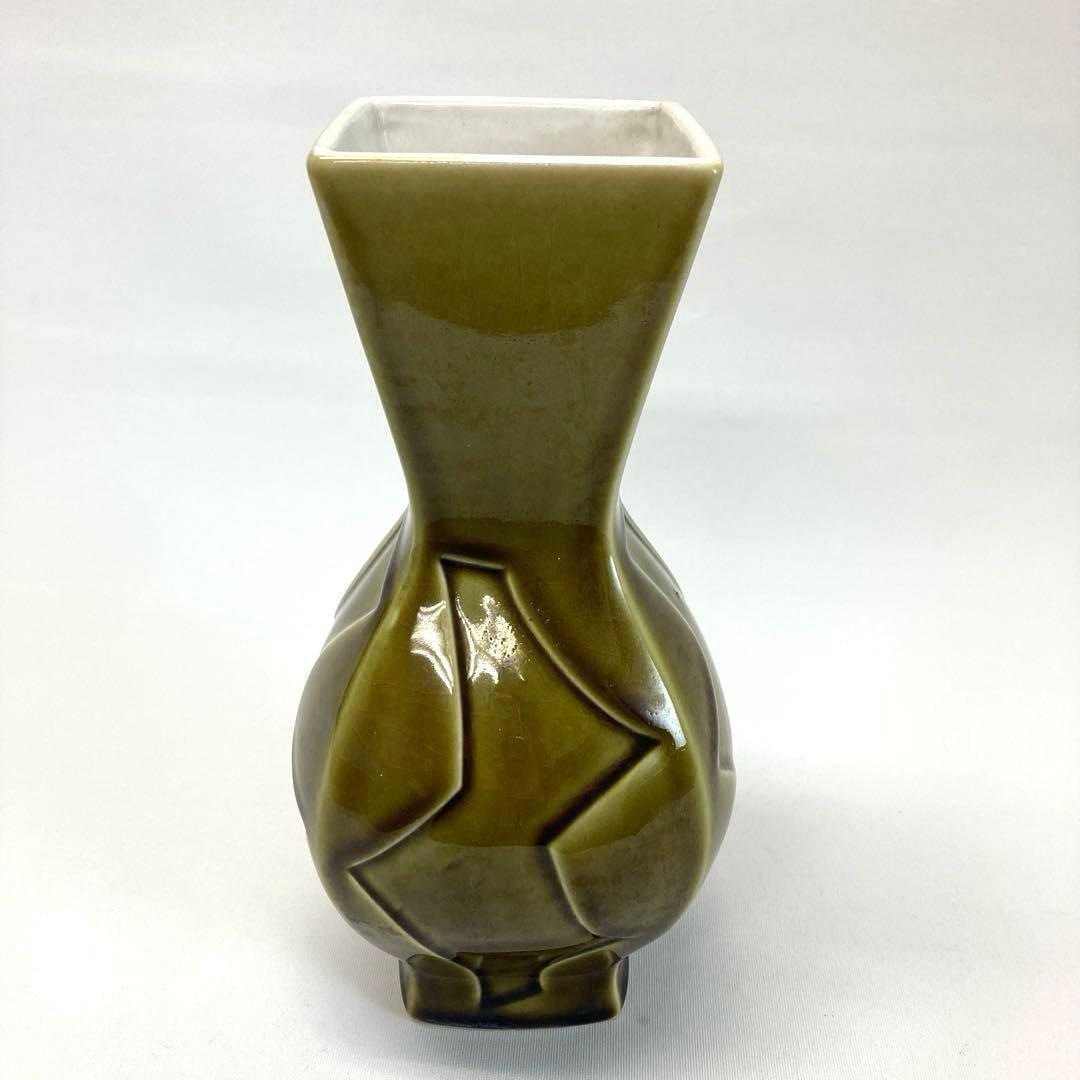 オリーブグリーン 陶器 花瓶【ヴィンテージ】